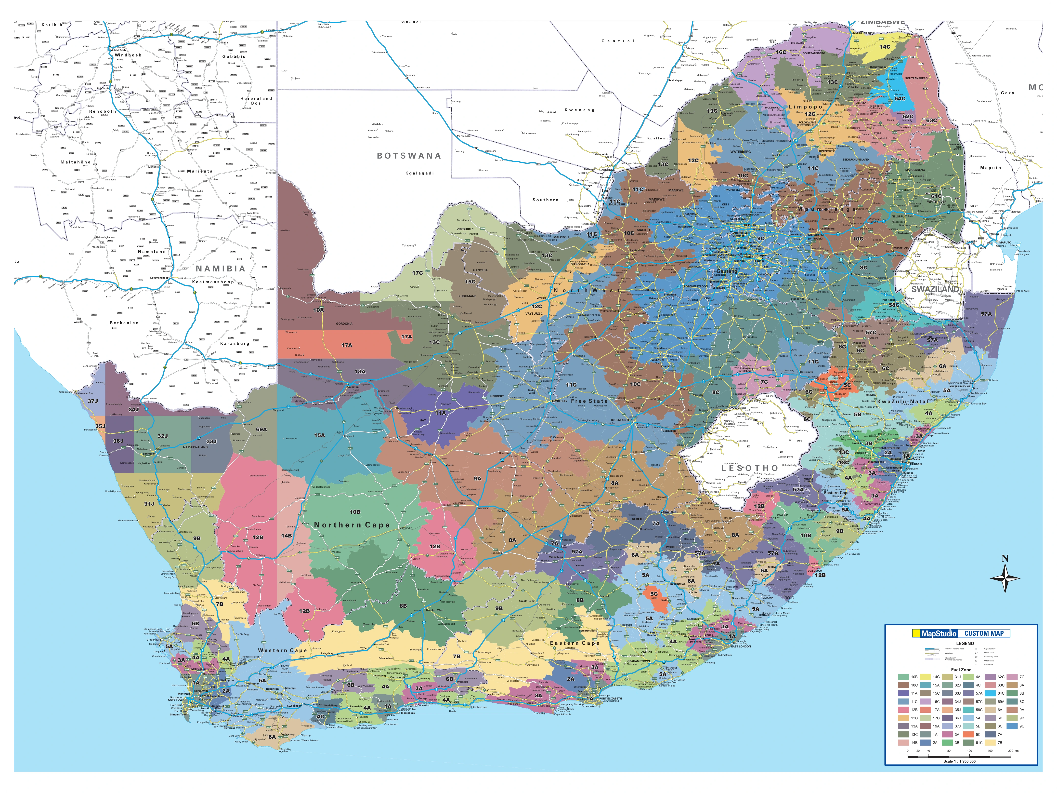 Original South African map showing fuel zones, town labels and zone colour legend